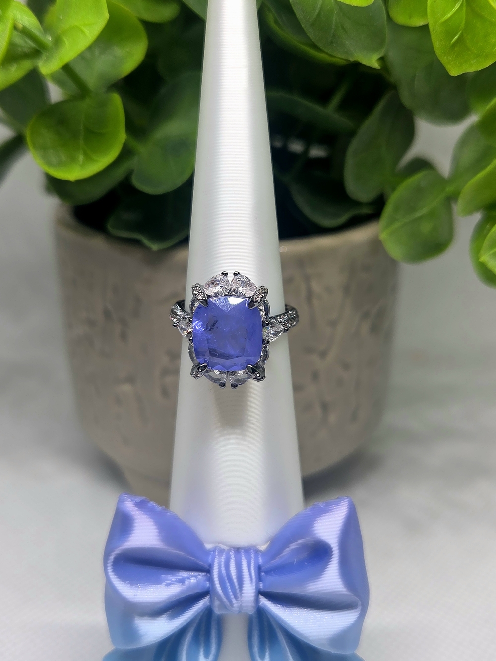 BP Lavender Flourite Cushion-Cut Halo Ring On Rhodium Plating